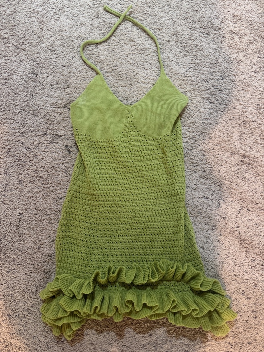 SHEIN Lime Green Crochet Halter Mini Dress with Ruffle Hem